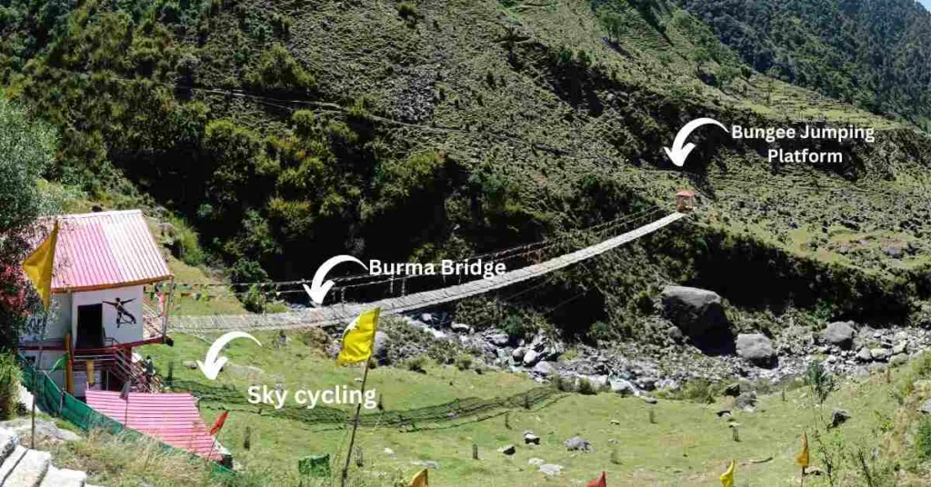 sky cycling, bungee jumping an burma bridge platform in bir billing